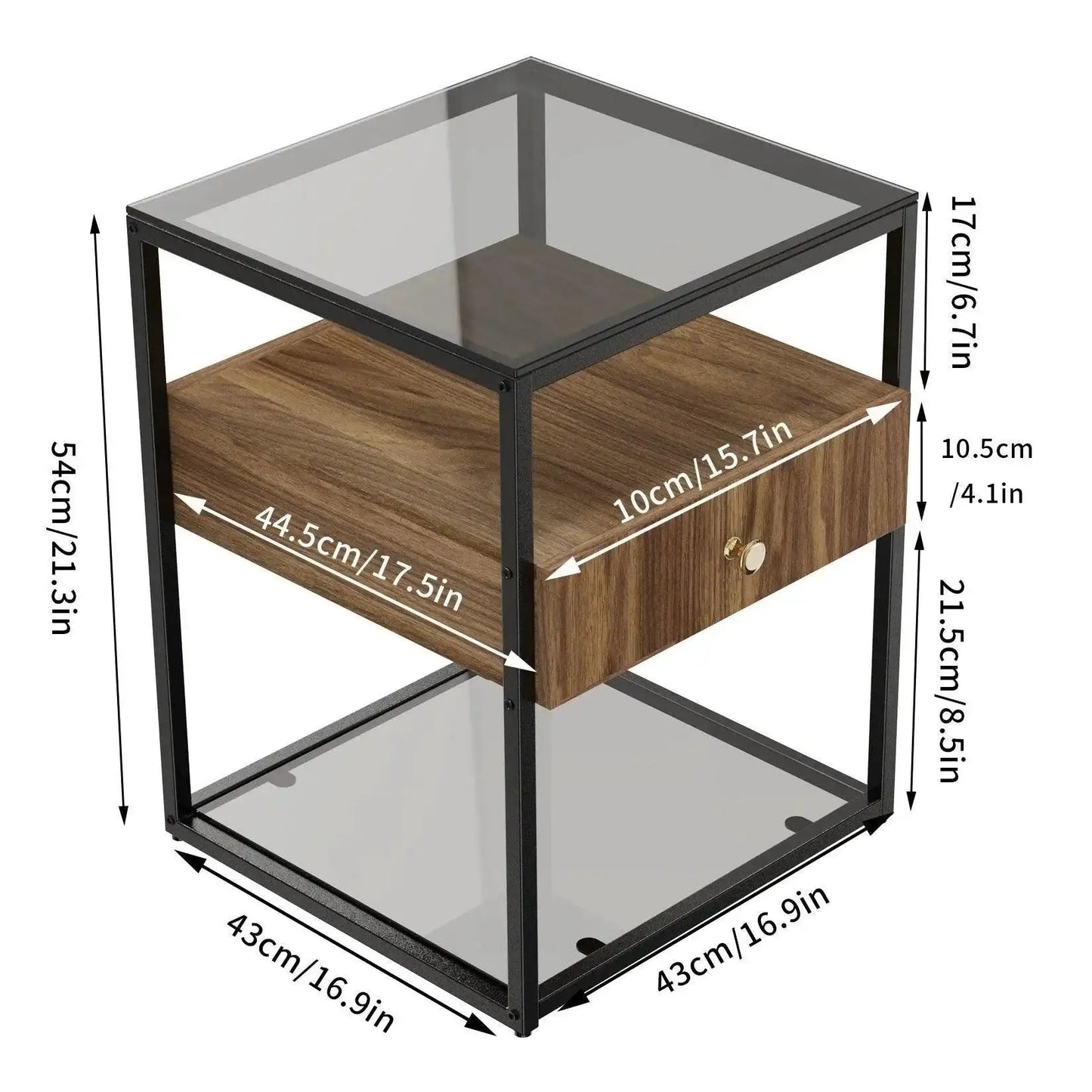 Tempered Glass and Wood Side Table │ Modern Minimal Nightstand with Wooden Drawer and Shelf Furniture - Besontique Home