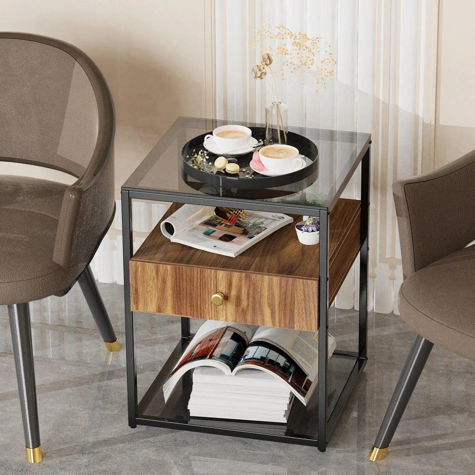 Tempered Glass and Wood Side Table │ Modern Minimal Nightstand with Wooden Drawer and Shelf Furniture - Besontique Home