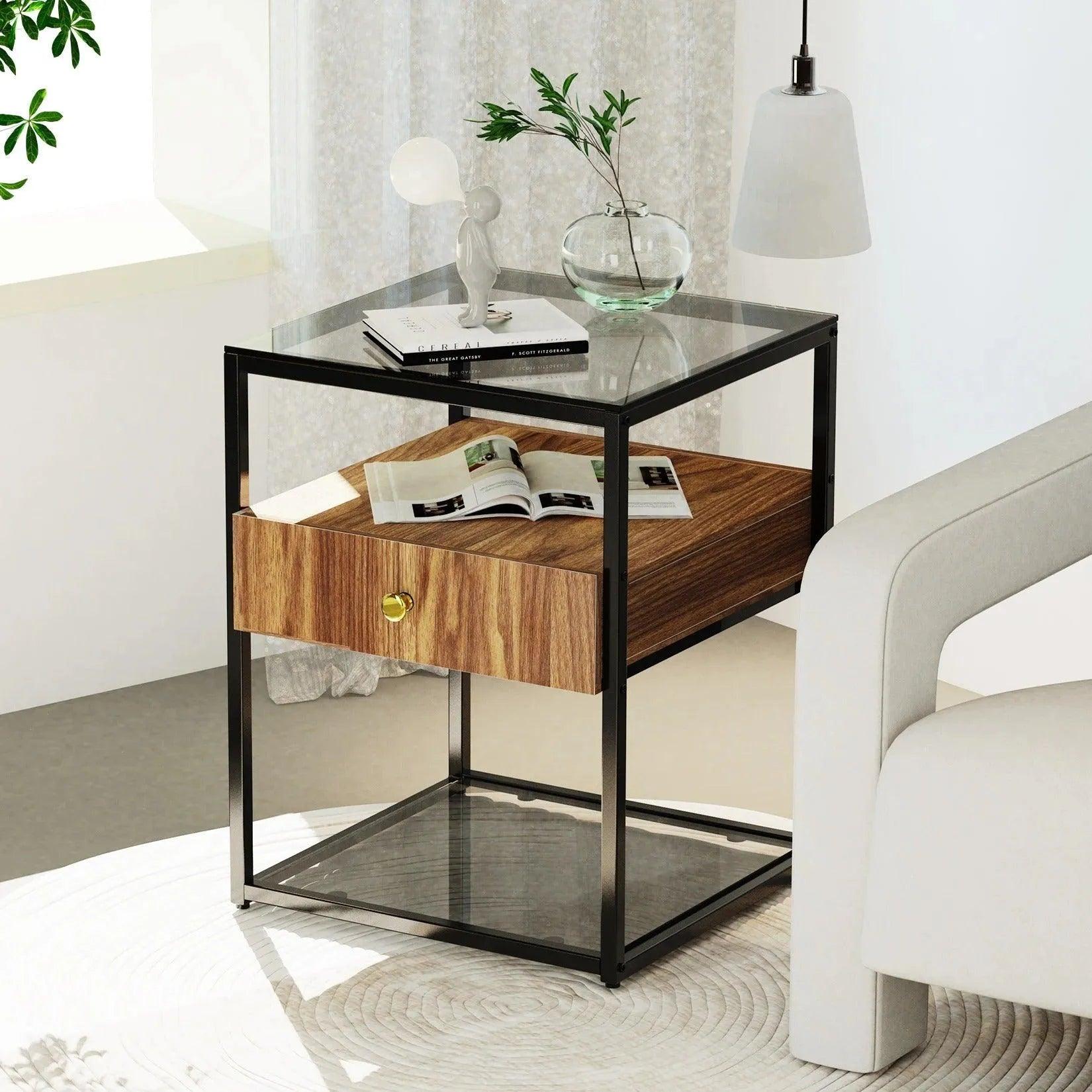 Tempered Glass and Wood Side Table │ Modern Minimal Nightstand with Wooden Drawer and Shelf Furniture - Besontique Home
