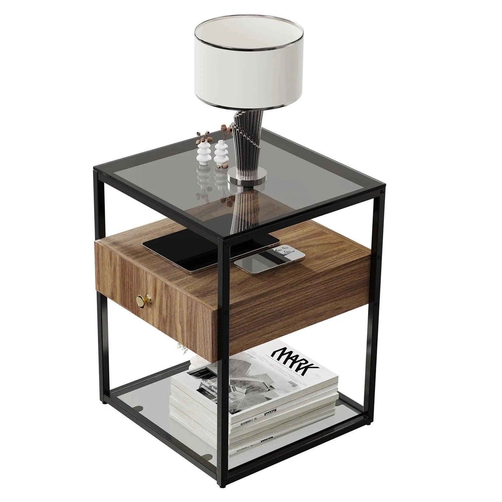 Tempered Glass and Wood Side Table │ Modern Minimal Nightstand with Wooden Drawer and Shelf Furniture - Besontique Home