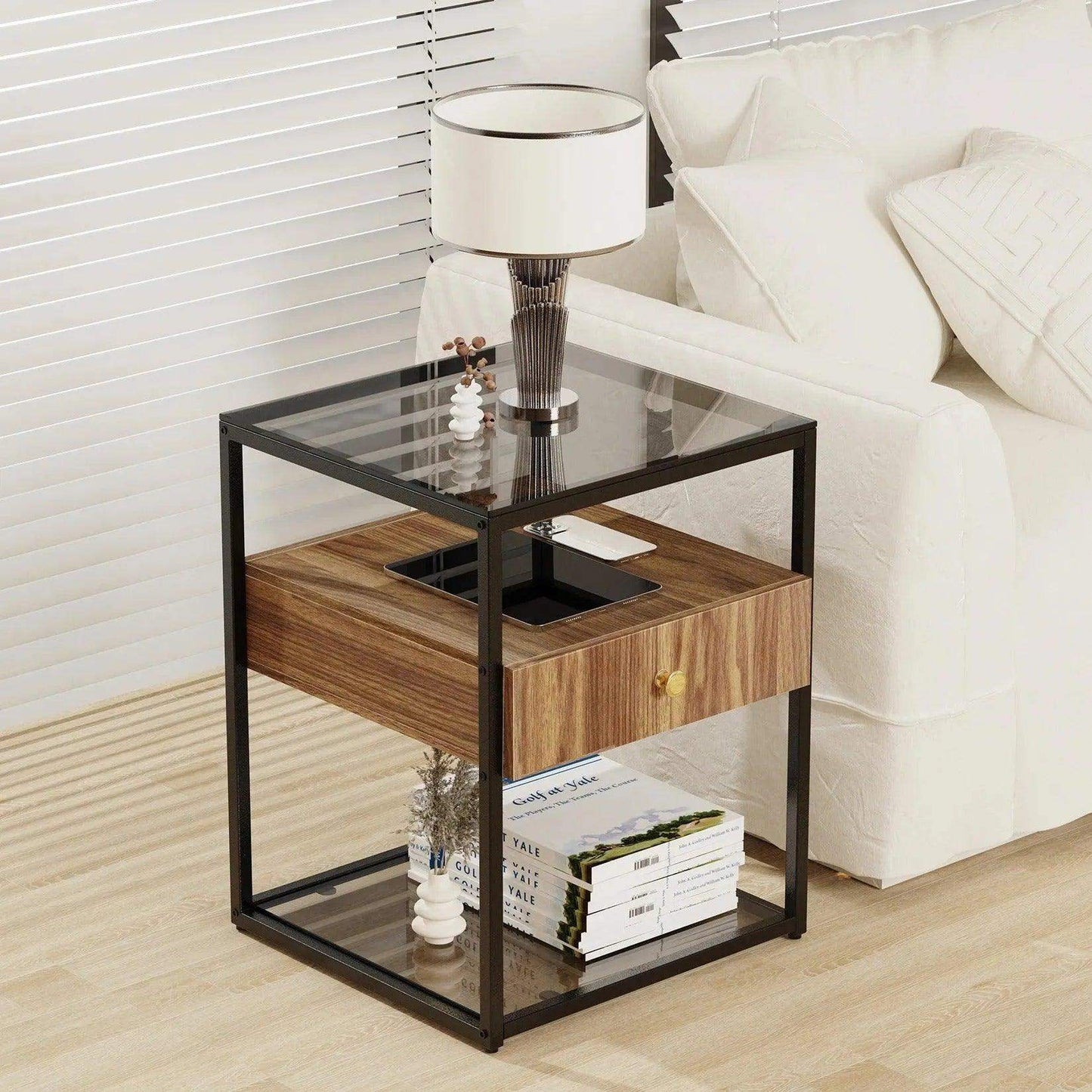 Tempered Glass and Wood Side Table │ Modern Minimal Nightstand with Wooden Drawer and Shelf Furniture - Besontique Home