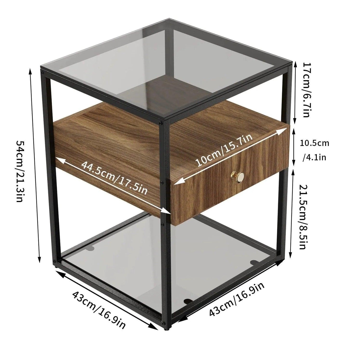 Tempered Glass and Wood Side Table │ Modern Minimal Nightstand with Wooden Drawer and Shelf Furniture - Besontique Home