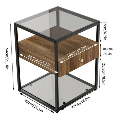 Tempered Glass and Wood Side Table │ Modern Minimal Nightstand with Wooden Drawer and Shelf Furniture - Besontique Home