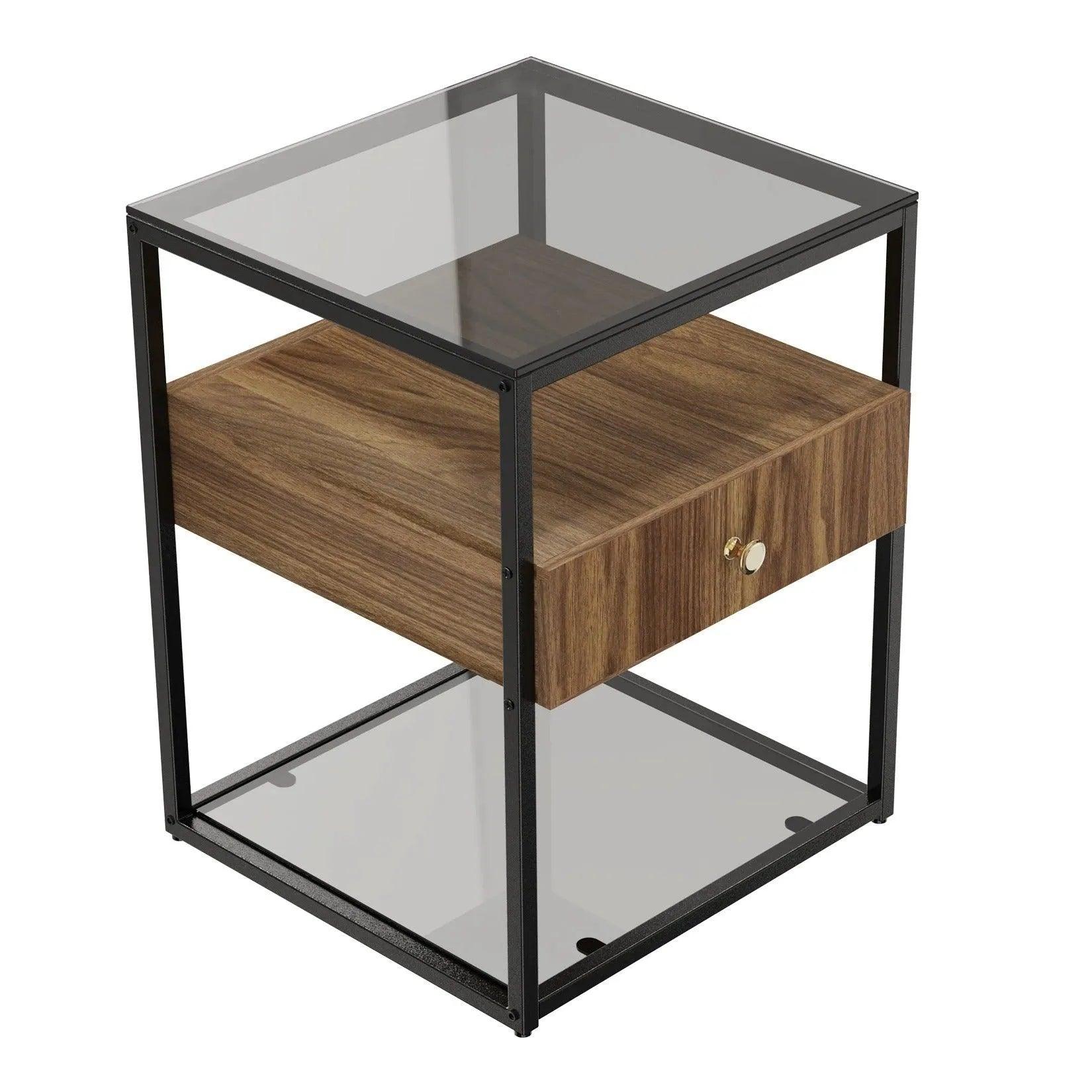 Tempered Glass and Wood Side Table │ Modern Minimal Nightstand with Wooden Drawer and Shelf Furniture - Besontique Home