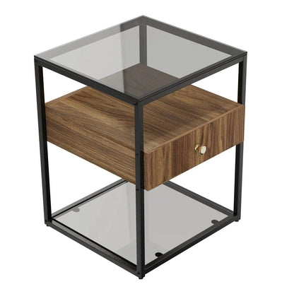 Tempered Glass and Wood Side Table │ Modern Minimal Nightstand with Wooden Drawer and Shelf Furniture - Besontique Home