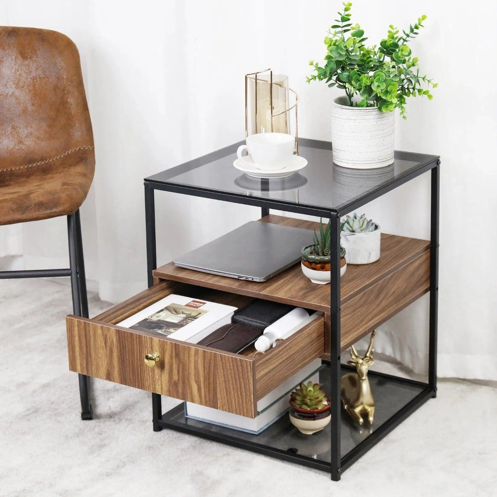 Tempered Glass and Wood Side Table │ Modern Minimal Nightstand with Wooden Drawer and Shelf Furniture - Besontique Home