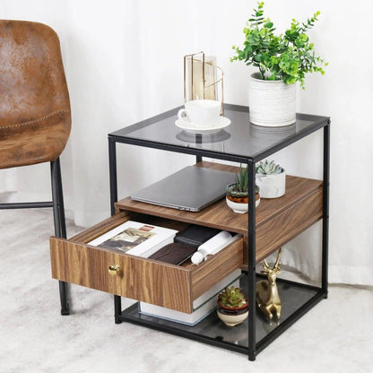 Tempered Glass and Wood Side Table │ Modern Minimal Nightstand with Wooden Drawer and Shelf Furniture - Besontique Home