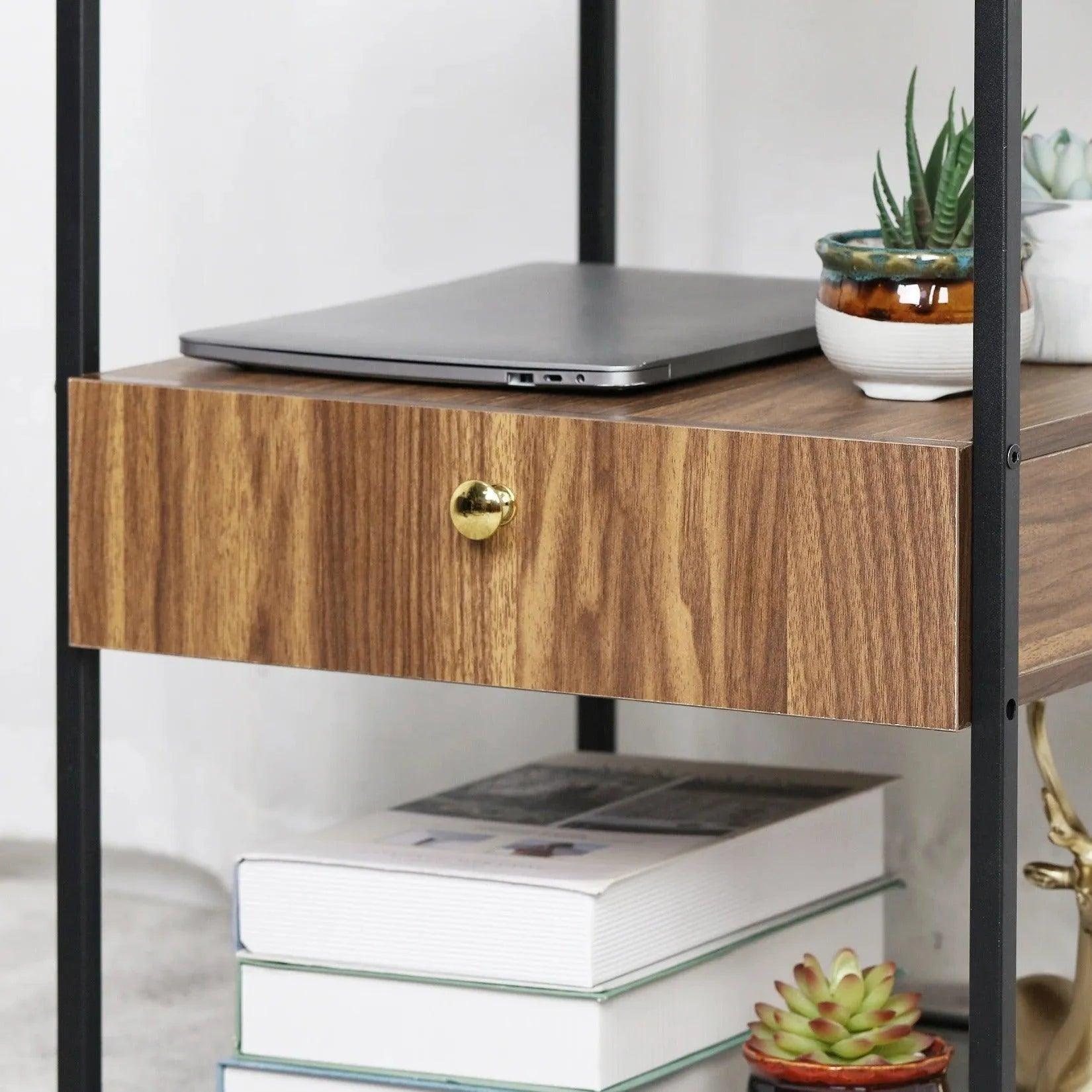 Tempered Glass and Wood Side Table │ Modern Minimal Nightstand with Wooden Drawer and Shelf Furniture - Besontique Home