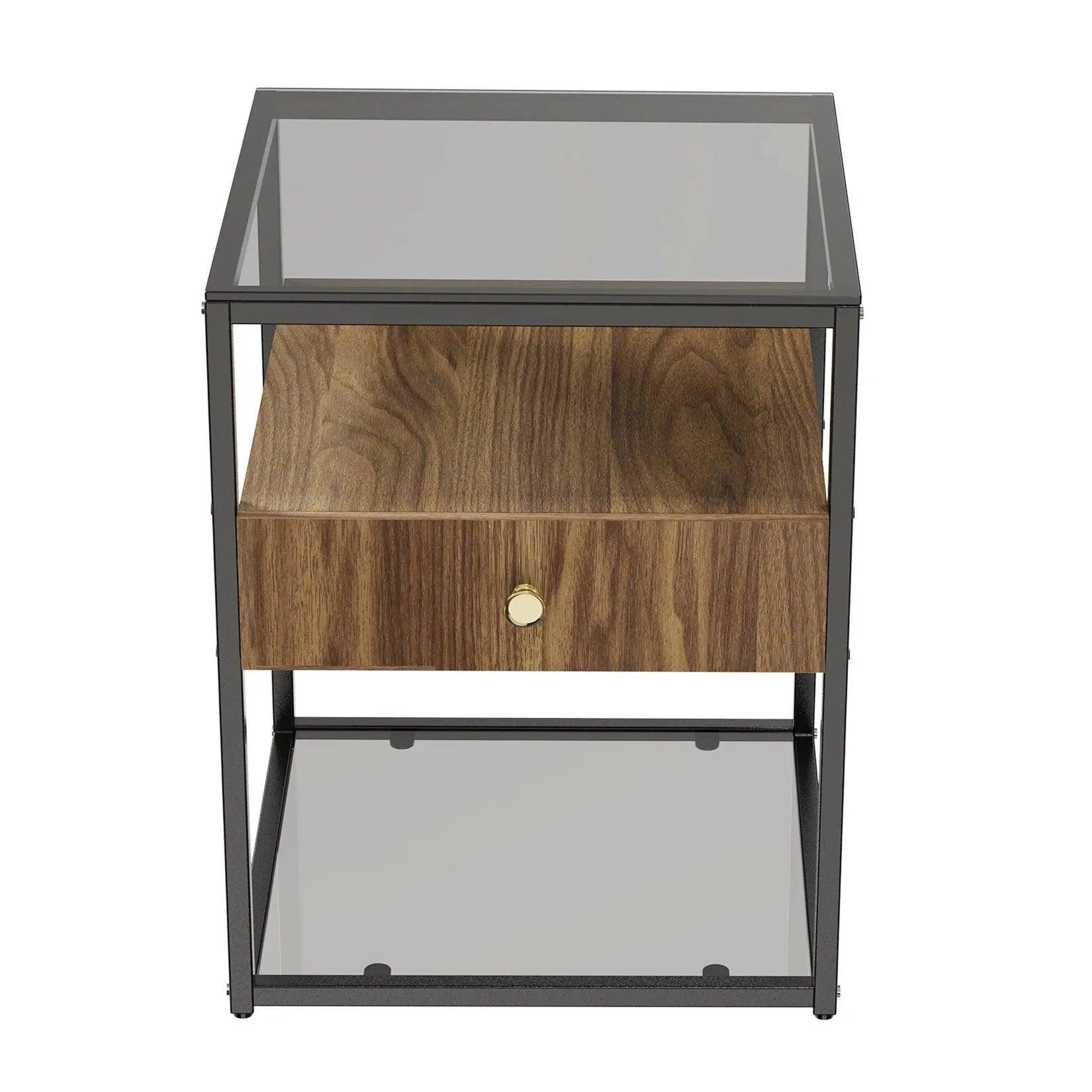 Tempered Glass and Wood Side Table │ Modern Minimal Nightstand with Wooden Drawer and Shelf Furniture - Besontique Home