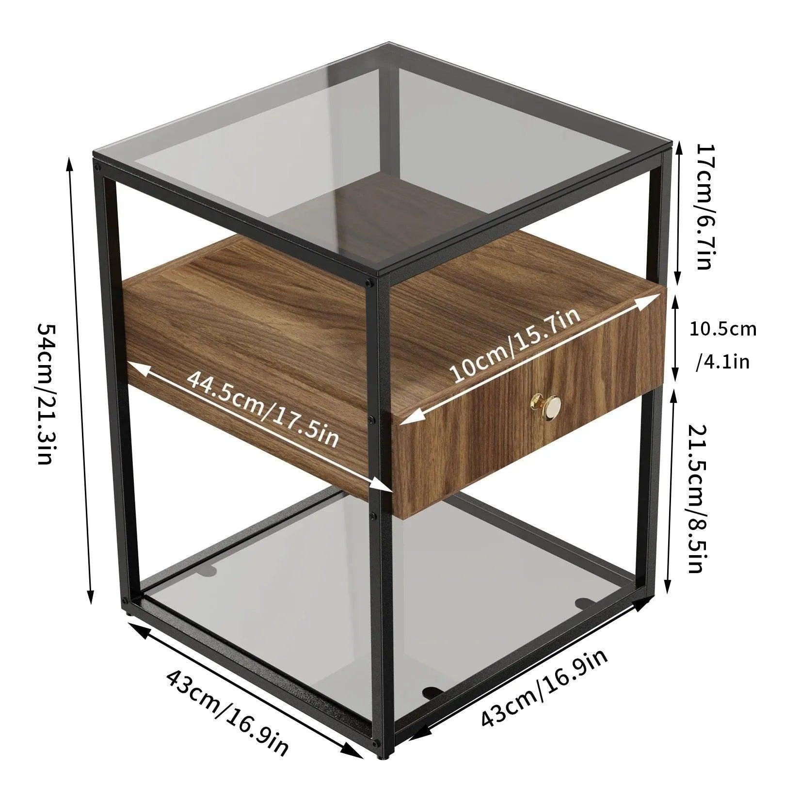 Tempered Glass and Wood Side Table │ Modern Minimal Nightstand with Wooden Drawer and Shelf Furniture - Besontique Home