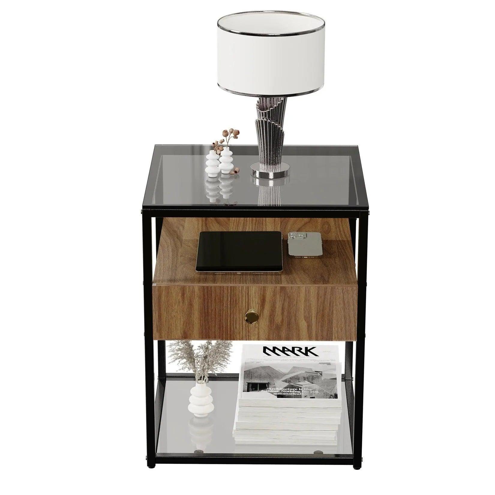 Tempered Glass and Wood Side Table │ Modern Minimal Nightstand with Wooden Drawer and Shelf Furniture - Besontique Home