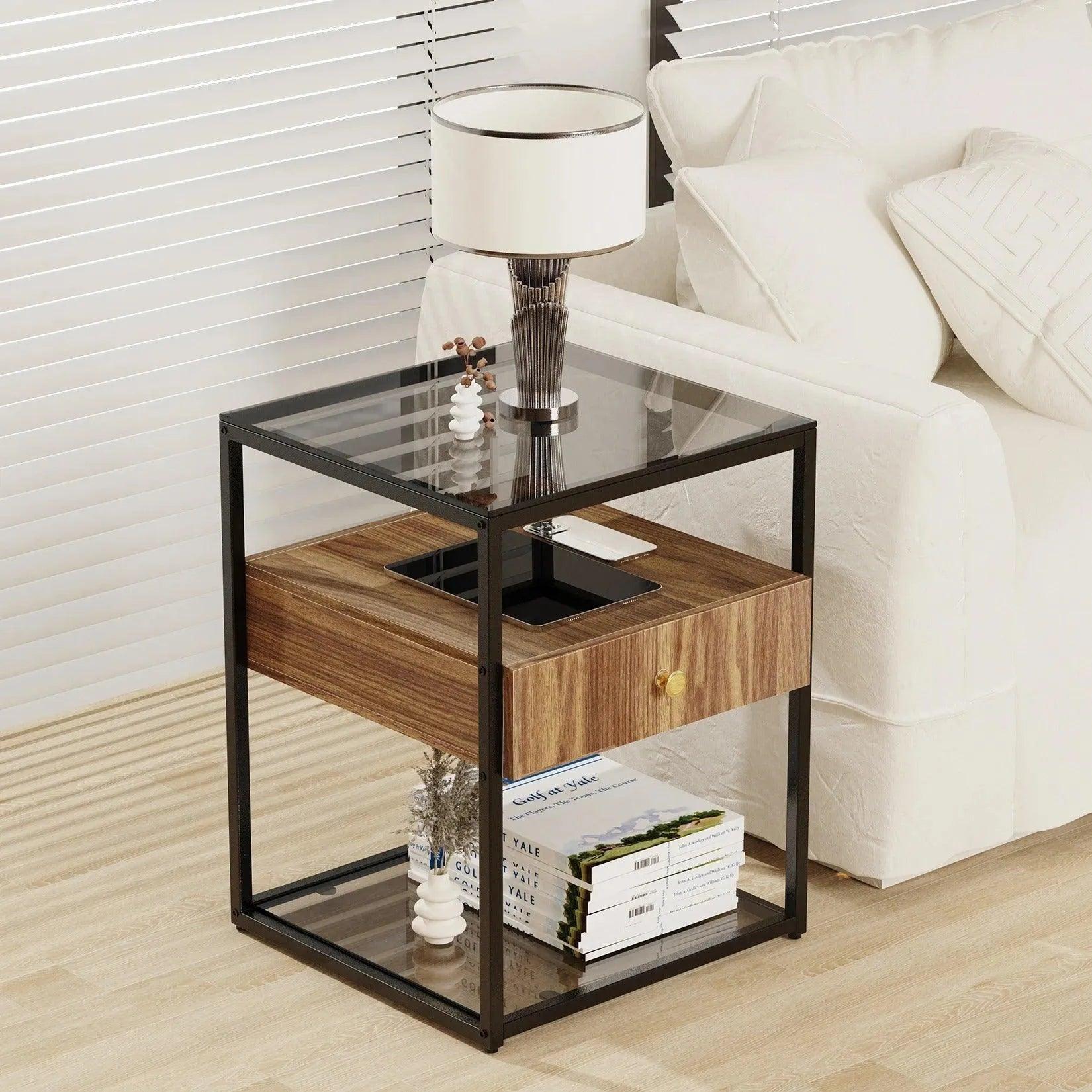 Tempered Glass and Wood Side Table │ Modern Minimal Nightstand with Wooden Drawer and Shelf Furniture - Besontique Home