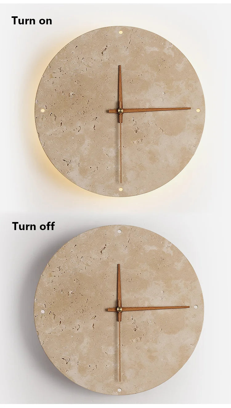 Travertine Marble Wall Decor Clock with LED Light │ Modern Minimal Natural Stone Decorative Clock - Besontique