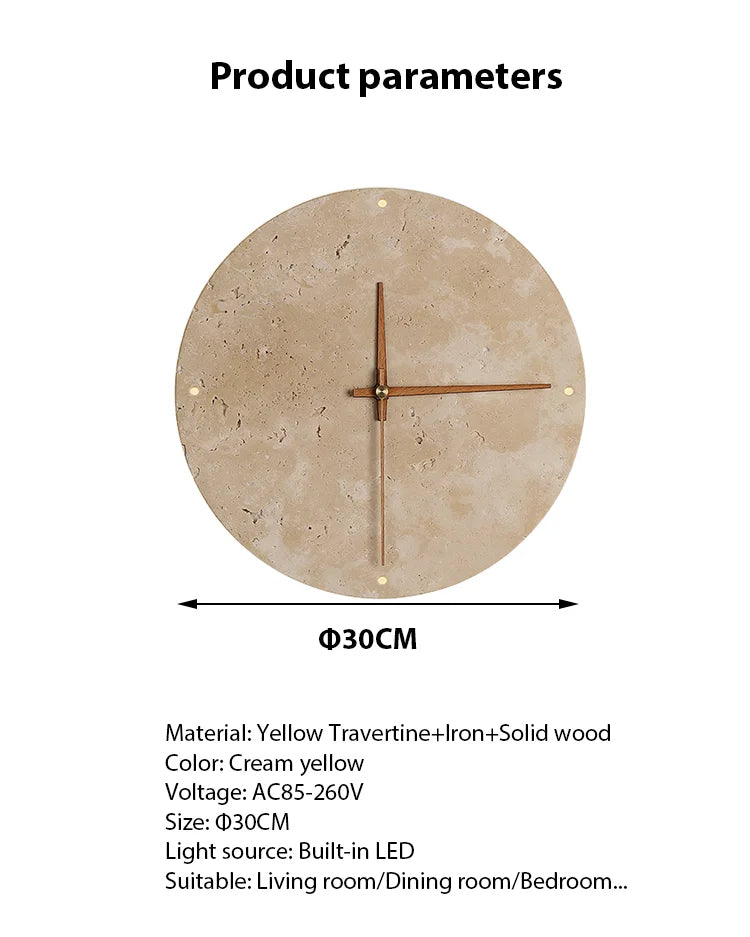 Travertine Marble Wall Decor Clock with LED Light │ Modern Minimal Natural Stone Decorative Clock - Besontique