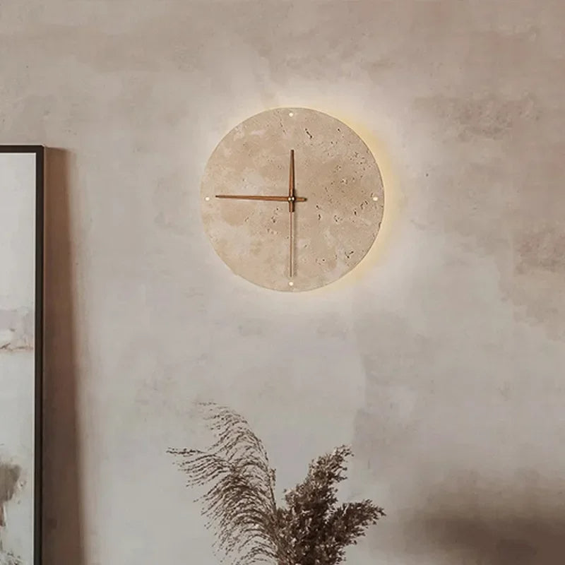 Travertine Marble Wall Decor Clock with LED Light │ Modern Minimal Natural Stone Decorative Clock - Besontique