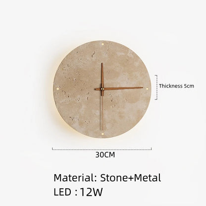 Travertine Marble Wall Decor Clock with LED Light │ Modern Minimal Natural Stone Decorative Clock - Besontique