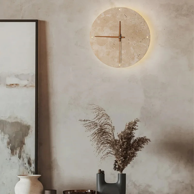 Travertine Marble Wall Decor Clock with LED Light │ Modern Minimal Natural Stone Decorative Clock - Besontique