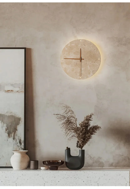 Travertine Marble Wall Decor Clock with LED Light │ Modern Minimal Natural Stone Decorative Clock - Besontique