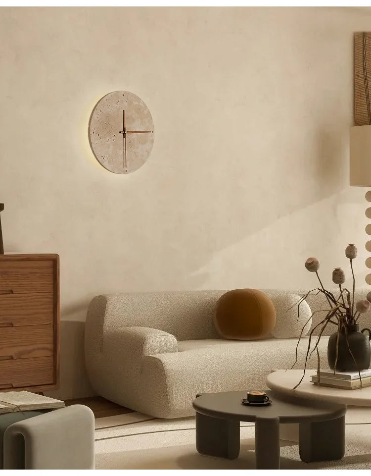 Travertine Marble Wall Decor Clock with LED Light │ Modern Minimal Natural Stone Decorative Clock - Besontique