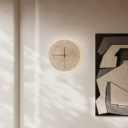Travertine Marble Wall Decor Clock with LED Light │ Modern Minimal Natural Stone Decorative Clock - Besontique Home