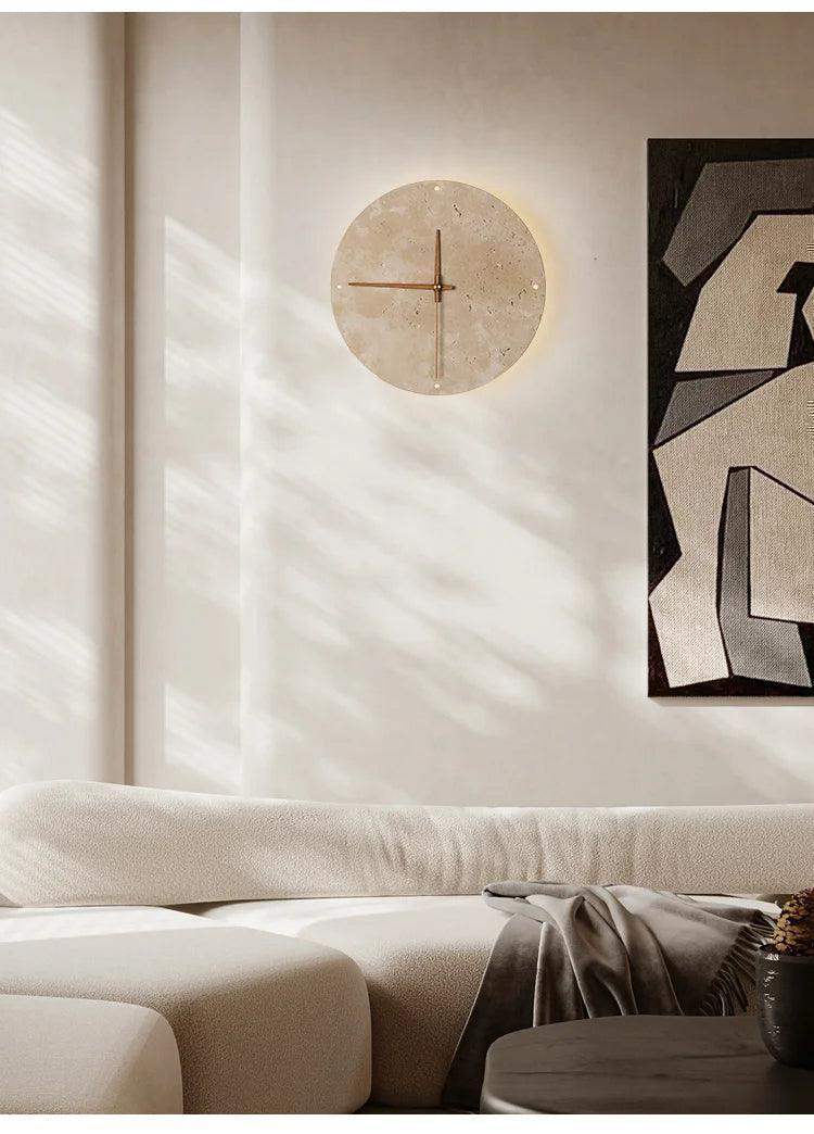 Travertine Marble Wall Decor Clock with LED Light │ Modern Minimal Natural Stone Decorative Clock - Besontique Home