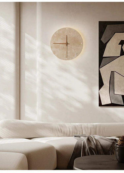 Travertine Marble Wall Decor Clock with LED Light │ Modern Minimal Natural Stone Decorative Clock - Besontique Home
