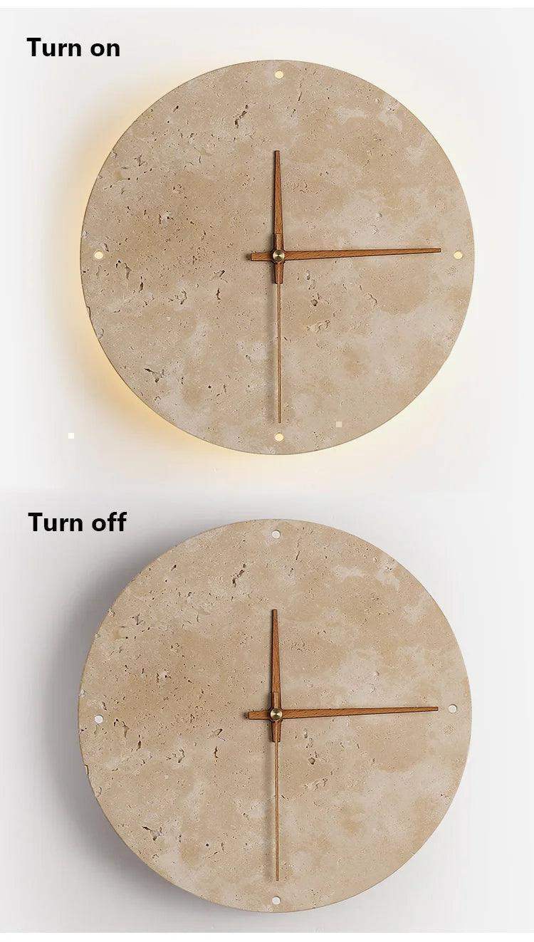 Travertine Marble Wall Decor Clock with LED Light │ Modern Minimal Natural Stone Decorative Clock - Besontique Home