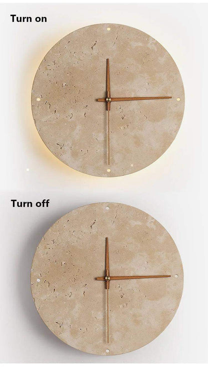 Travertine Marble Wall Decor Clock with LED Light │ Modern Minimal Natural Stone Decorative Clock - Besontique Home