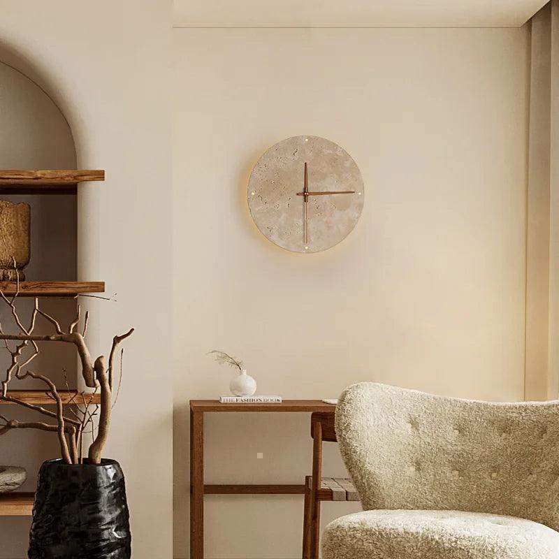 Travertine Marble Wall Decor Clock with LED Light │ Modern Minimal Natural Stone Decorative Clock - Besontique Home