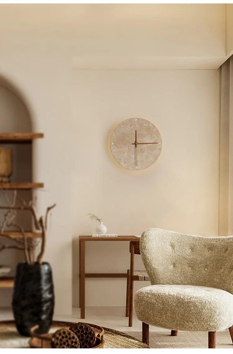 Travertine Marble Wall Decor Clock with LED Light │ Modern Minimal Natural Stone Decorative Clock - Besontique Home