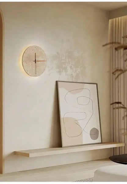 Travertine Marble Wall Decor Clock with LED Light │ Modern Minimal Natural Stone Decorative Clock - Besontique Home