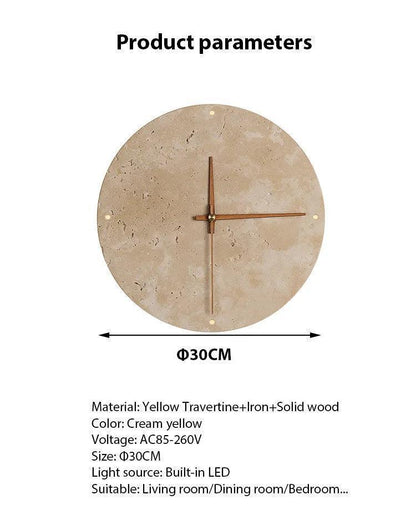 Travertine Marble Wall Decor Clock with LED Light │ Modern Minimal Natural Stone Decorative Clock - Besontique Home