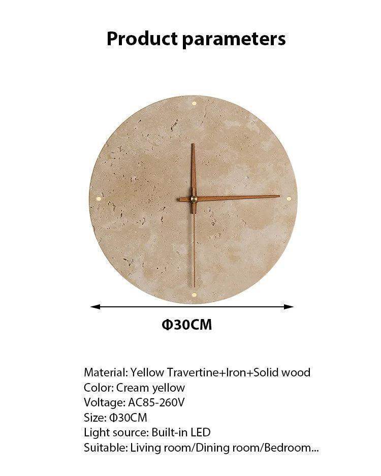 Travertine Marble Wall Decor Clock with LED Light │ Modern Minimal Natural Stone Decorative Clock - Besontique Home