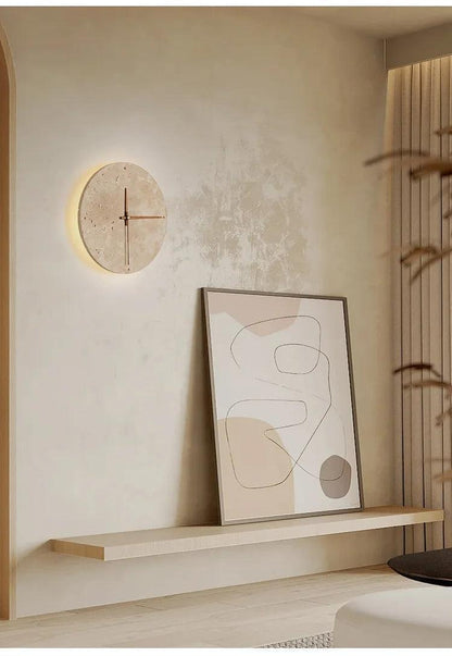 Travertine Marble Wall Decor Clock with LED Light │ Modern Minimal Natural Stone Decorative Clock - Besontique Home