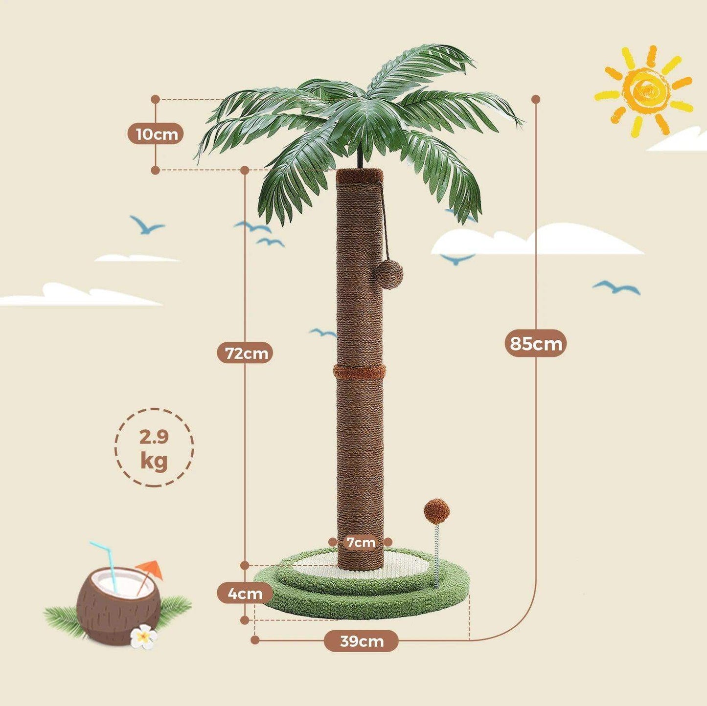Tropical Tree Sisal Cat Scratching Post with Hangling Ball | Pet-Friendly Cat Scratcher Toy Furniture - Besontique Home