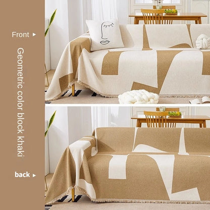 3 Chenille Line Pattern Throw Blanket with Tassel │ Simple Nordic Jacquard Reversible Double Sided Sofa Cover