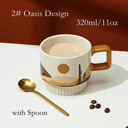 Nordic Unique Design Printed Ceramic Coffee Mug Cup with gold spoon │ Aesthetic Decorative Kitchenware
