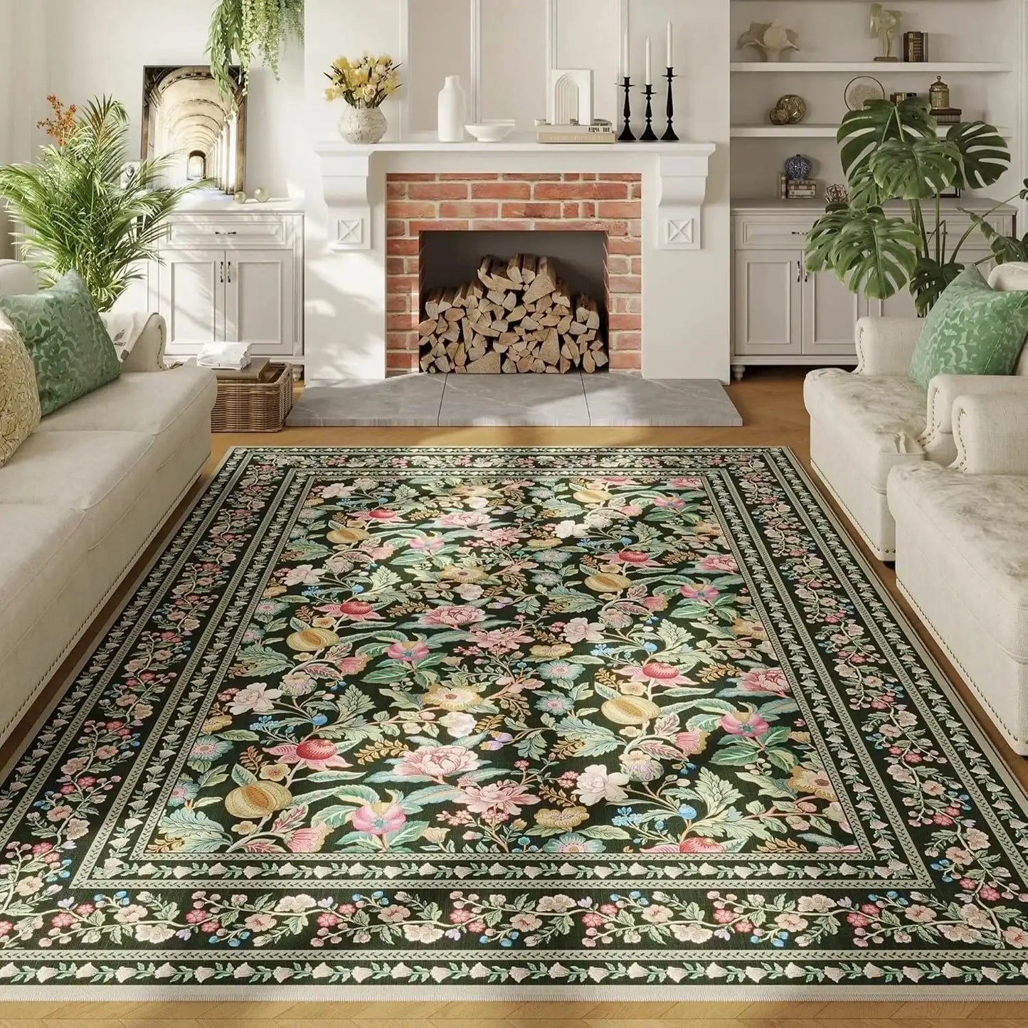 Vintage Floral Printed Washable Area Rug | Low Pile Decorative Carpet for Home - Besontique Home