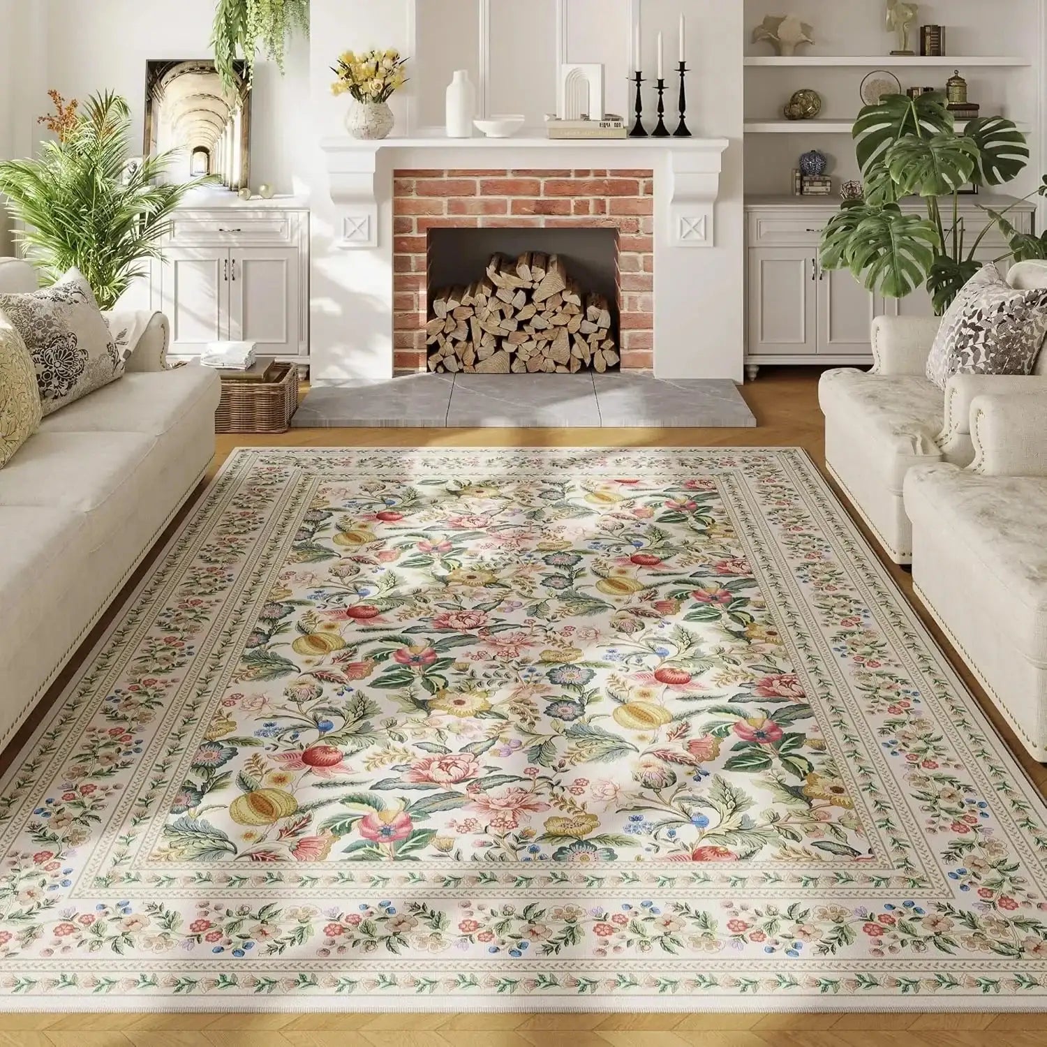 Vintage Floral Printed Washable Area Rug | Low Pile Decorative Carpet for Home - Besontique Home
