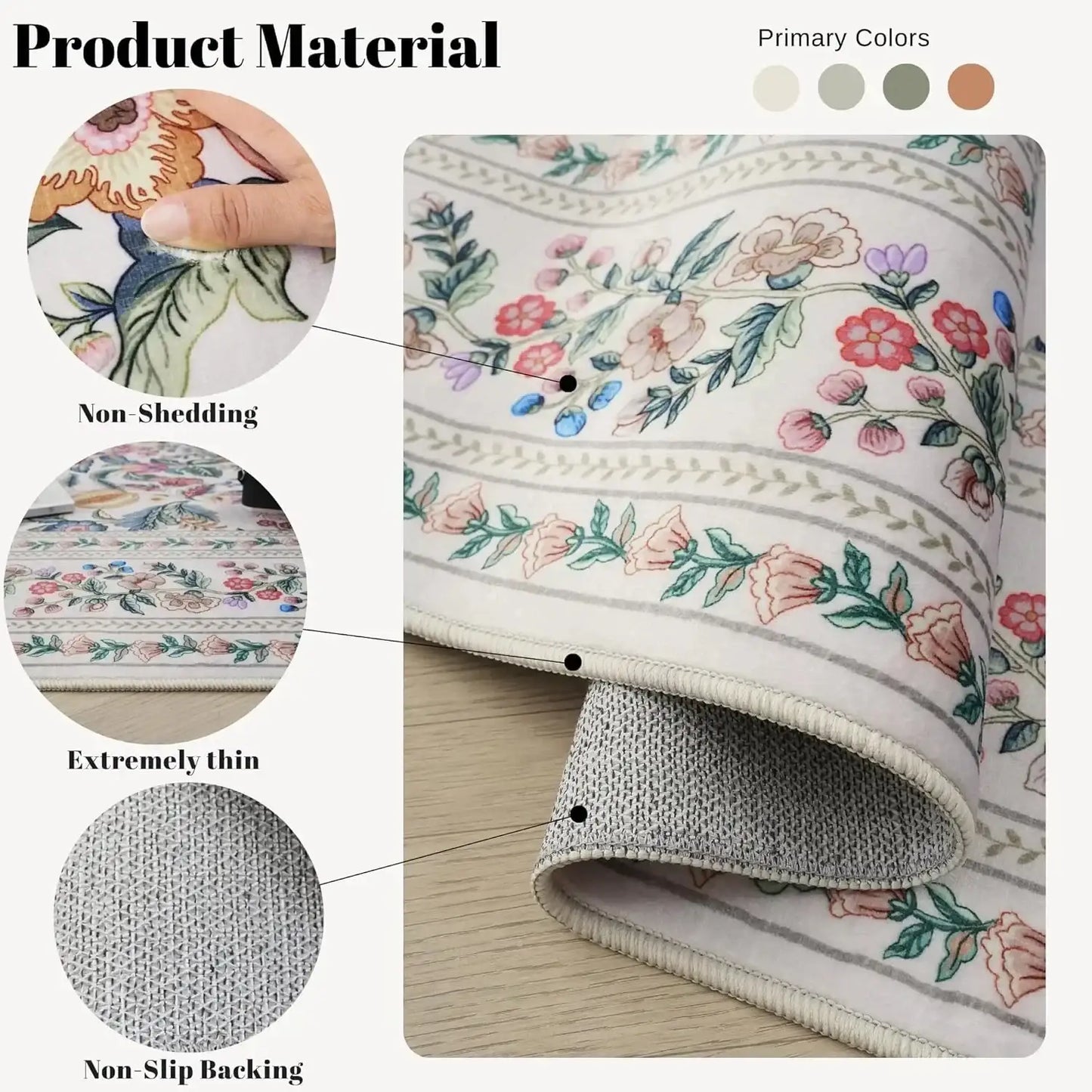 Vintage Floral Printed Washable Area Rug | Low Pile Decorative Carpet for Home - Besontique Home