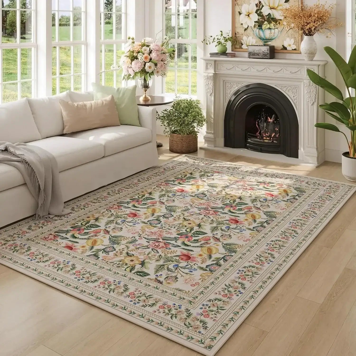Vintage Floral Printed Washable Area Rug | Low Pile Decorative Carpet for Home - Besontique Home