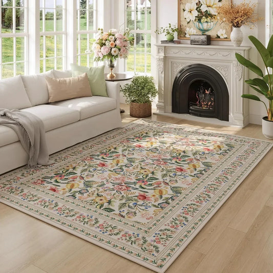 Vintage Floral Printed Washable Area Rug | Low Pile Decorative Carpet for Home - Besontique Home