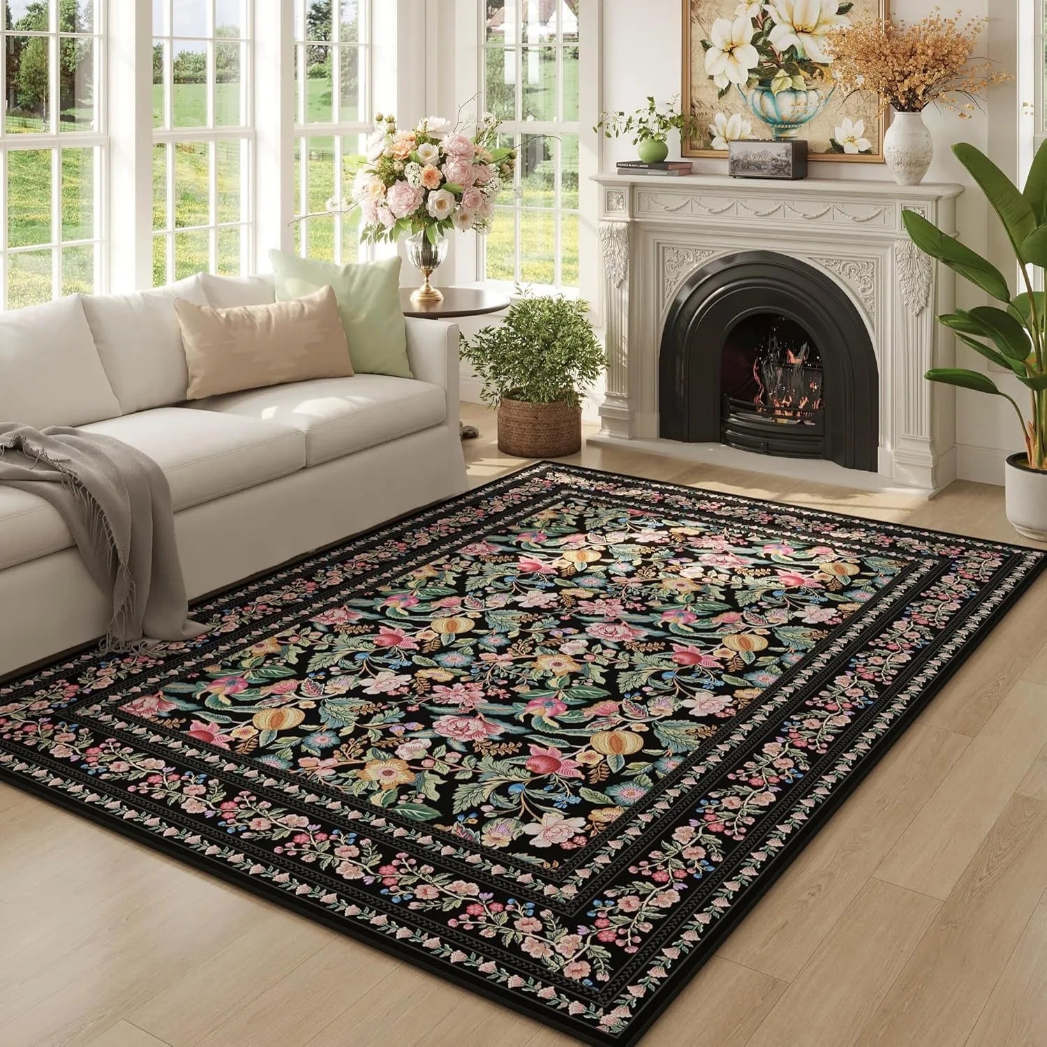 Vintage Floral Printed Washable Area Rug | Low Pile Decorative Carpet for Home - Besontique Home