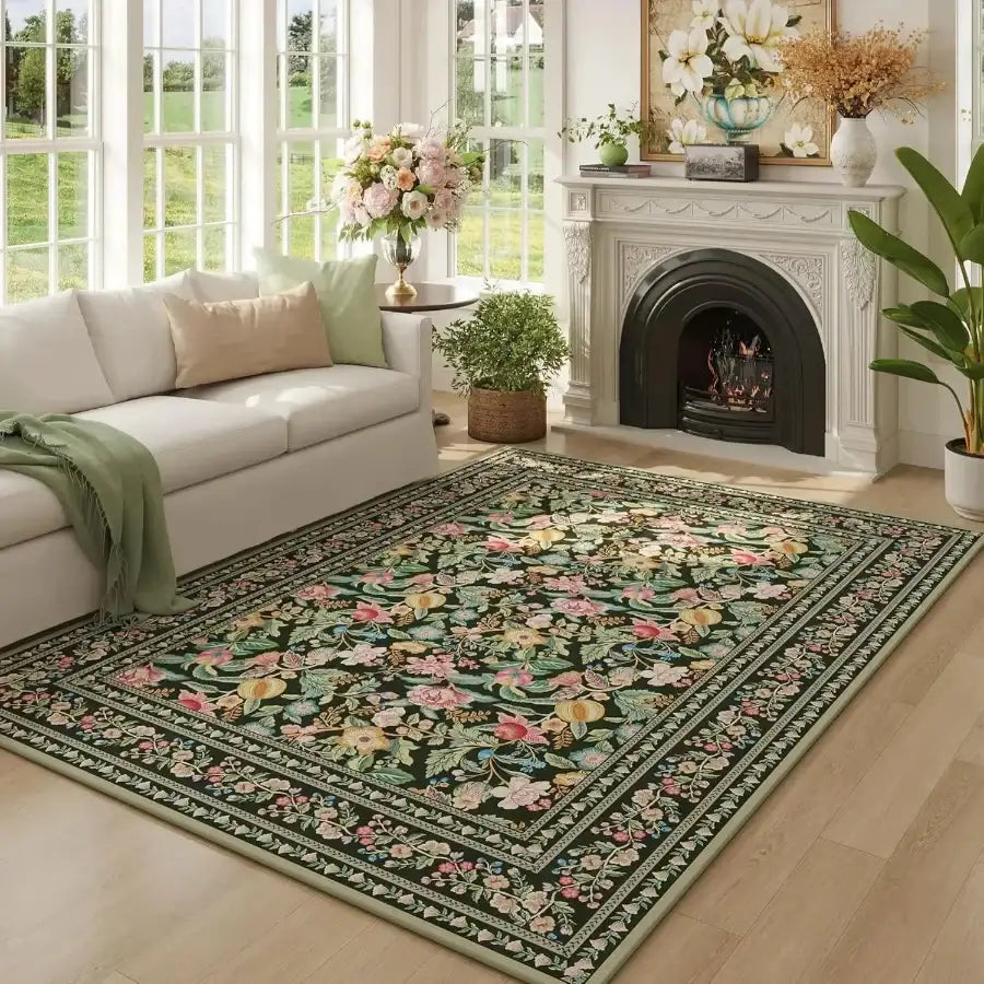 Vintage Floral Printed Washable Area Rug | Low Pile Decorative Carpet for Home - Besontique Home