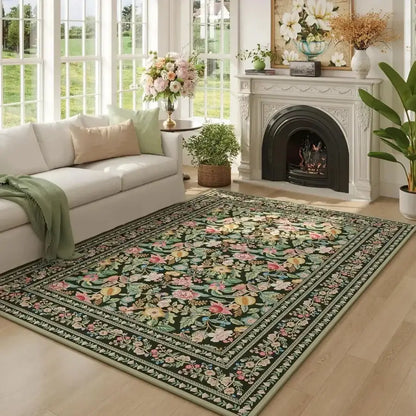 Vintage Floral Printed Washable Area Rug | Low Pile Decorative Carpet for Home - Besontique Home