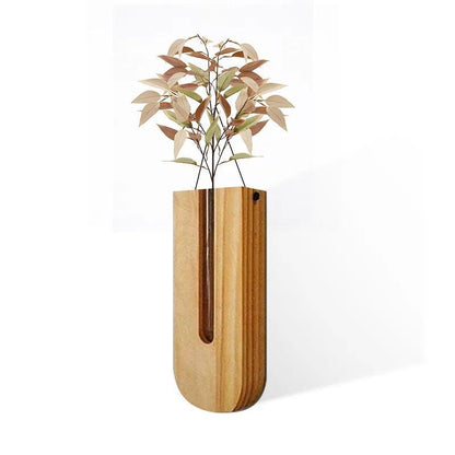 Vintage Wall Hanging Vase │ Wooden Hydroponic Wall Mounted Plant Hangers │ Transparent Glass Tube Flower Pot - Besontique