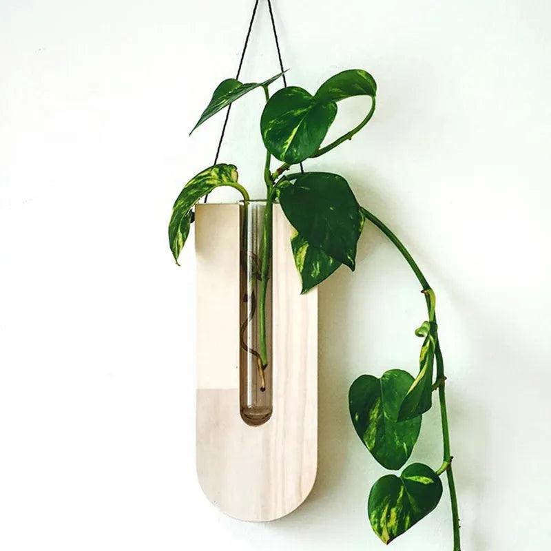 Vintage Wall Hanging Vase │ Wooden Hydroponic Wall Mounted Plant Hangers │ Transparent Glass Tube Flower Pot - Besontique