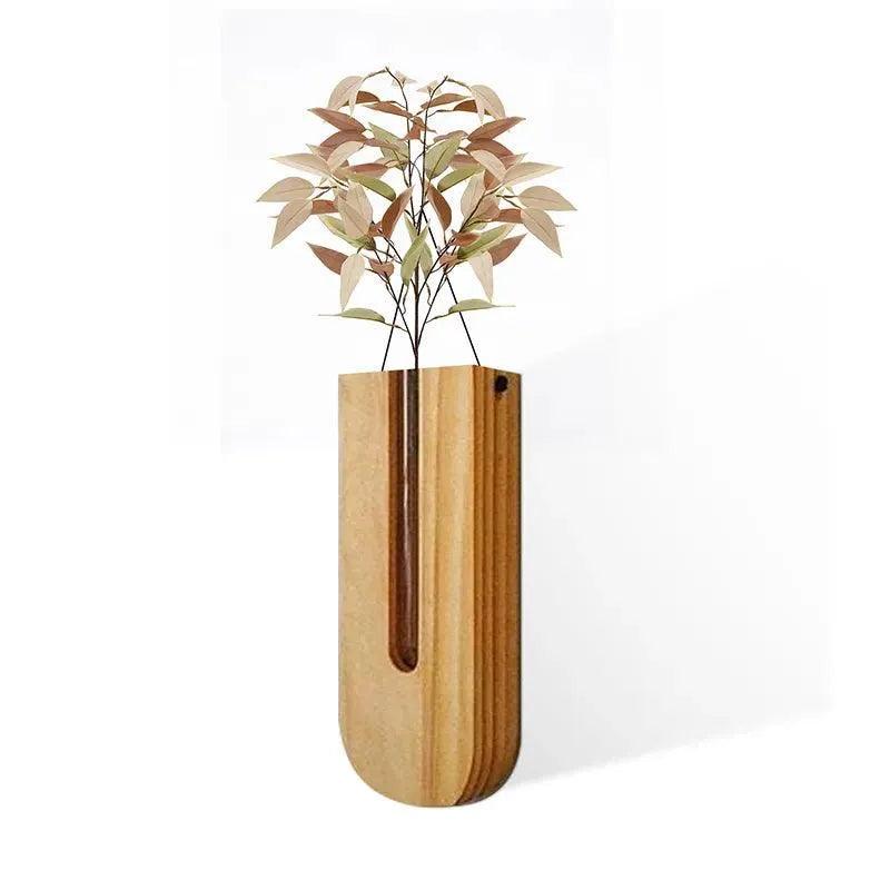 Vintage Wall Hanging Vase │ Wooden Hydroponic Wall Mounted Plant Hangers │ Transparent Glass Tube Flower Pot - Besontique Home