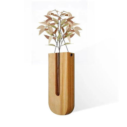 Vintage Wall Hanging Vase │ Wooden Hydroponic Wall Mounted Plant Hangers │ Transparent Glass Tube Flower Pot - Besontique Home