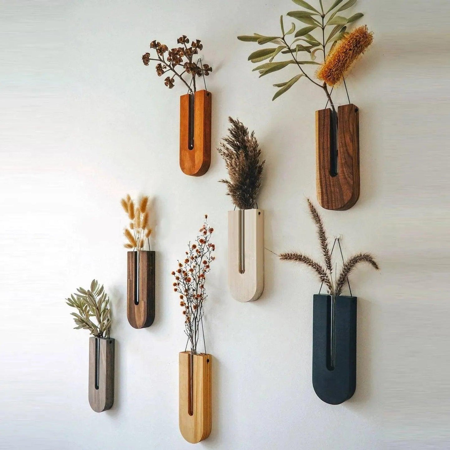 Vintage Wall Hanging Vase │ Wooden Hydroponic Wall Mounted Plant Hangers │ Transparent Glass Tube Flower Pot - Besontique Home